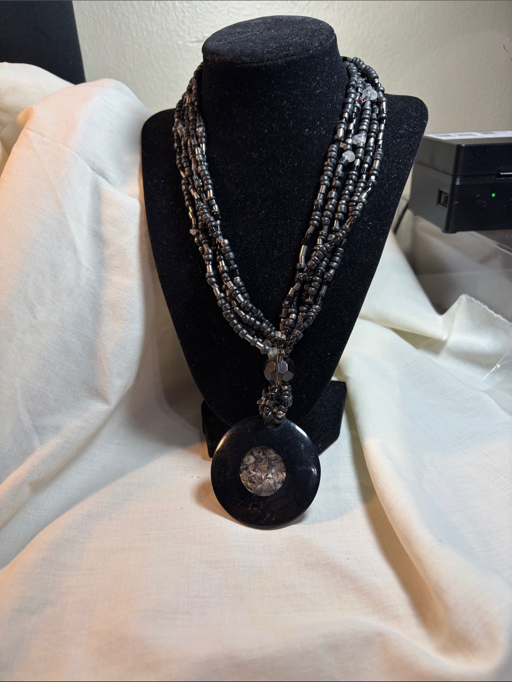 Black Multi-Strand Beaded Pendant Necklace - Unbranded